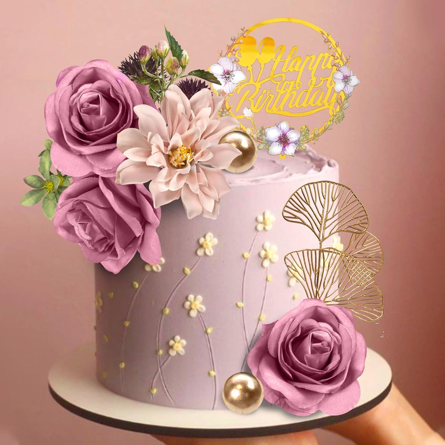 DRWATE Flower Cake Toppers Purple Rose and Ginkgo Leaf Set