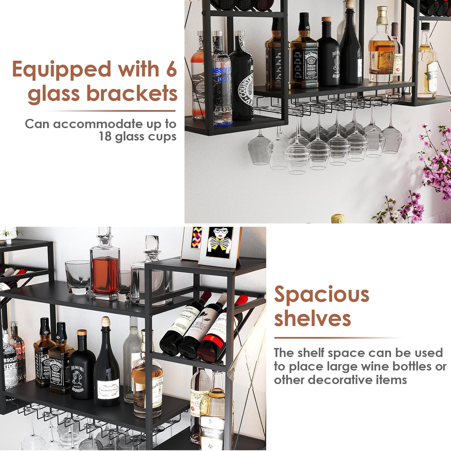 2-Tier Wall-Mounted Wine Rack with 6 Stem Glass Holder Black