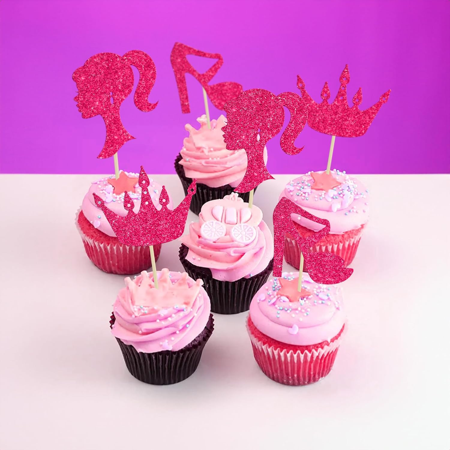 Ephlyn 24Pcs Hot Pink Glitter Princess Cupcake Toppers