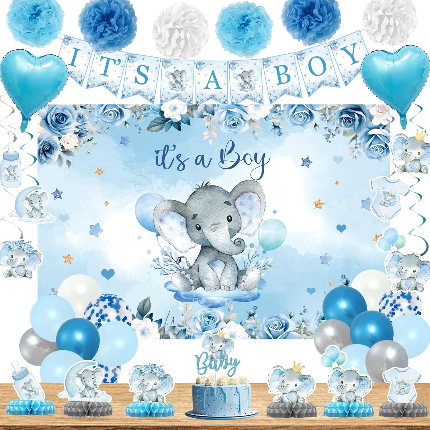 Staraise Blue Elephant Baby Shower Decor Kit
