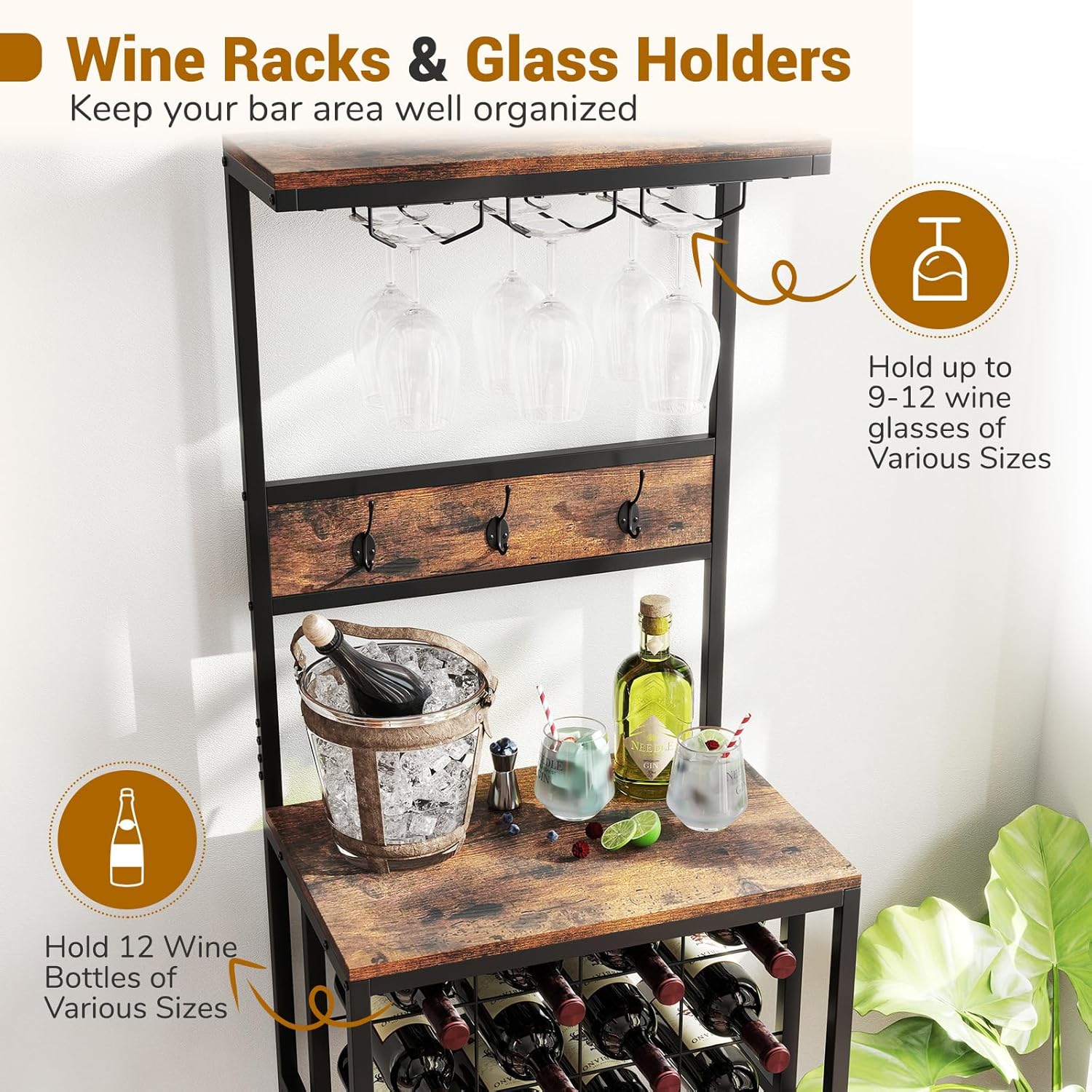 GOFLAME Freestanding Wine Rack with Glass Holders and Countertop