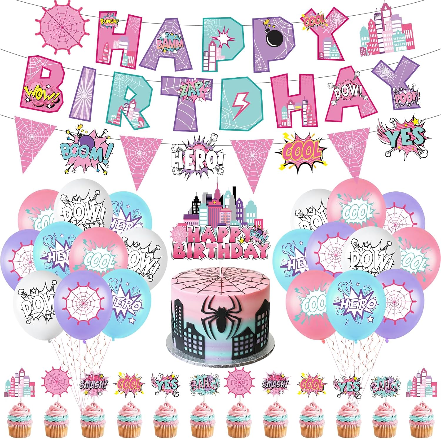 Spider Birthday Banner with Pennant Flags and Balloons