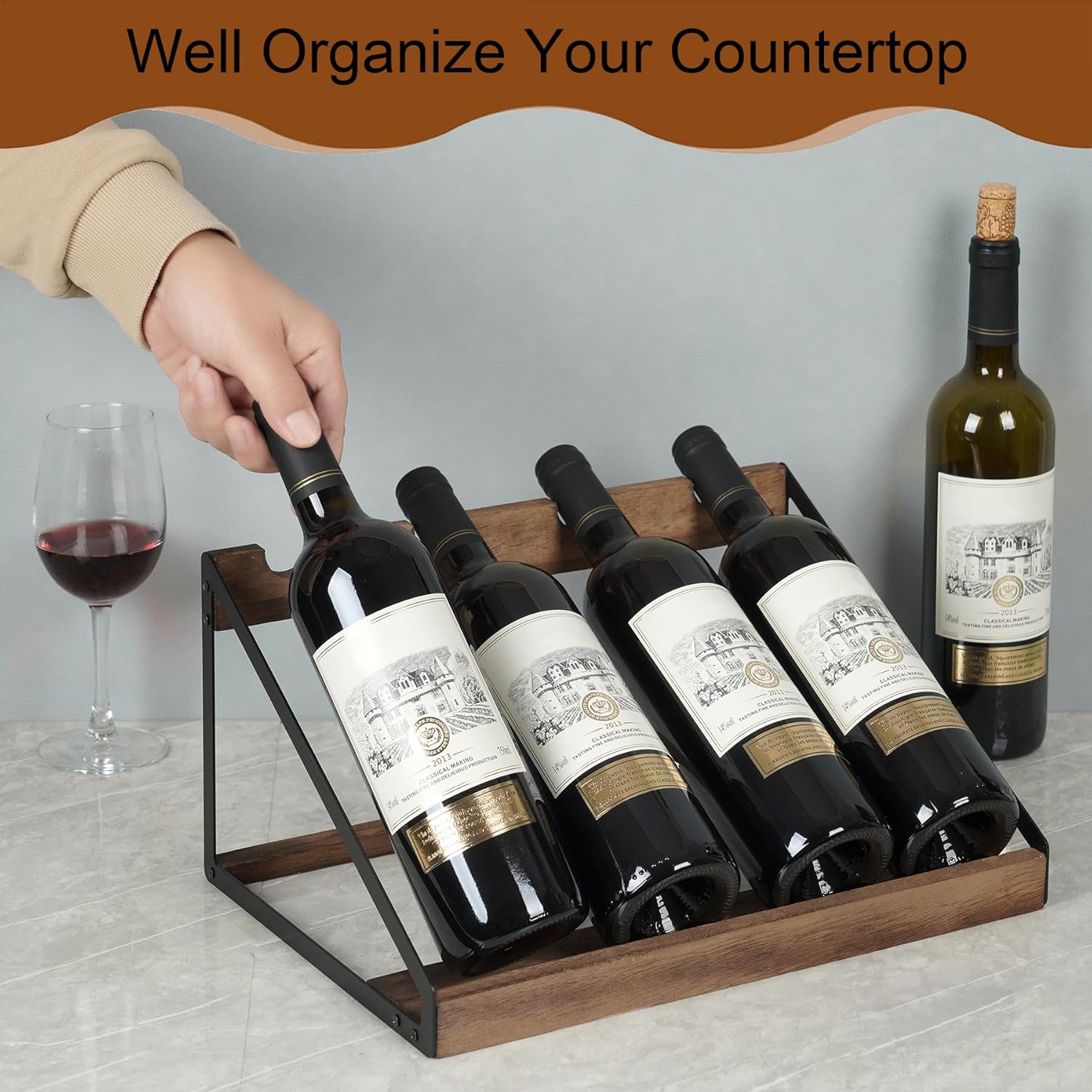 TRSPCWR Wooden Wine Rack 4 Bottle Countertop Organizer