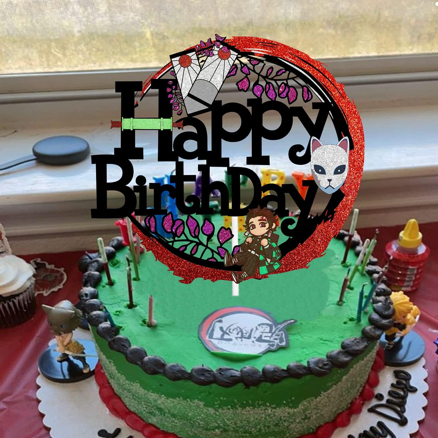 Happy Birthday Anime Cake Topper with Black Glitter