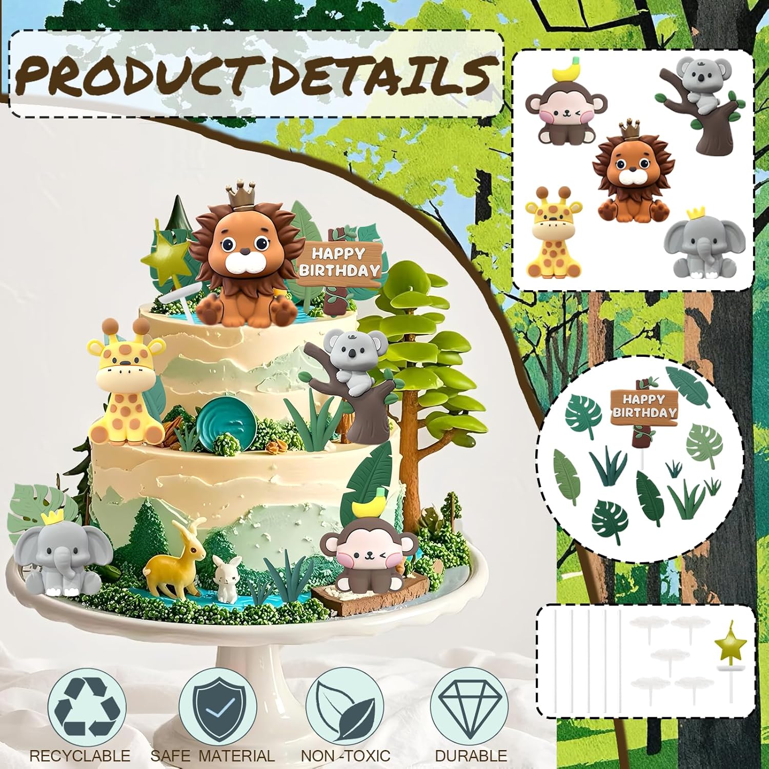 22PCS Safari Animal Cake Toppers - Jungle Wild Animals Birthday Decorations