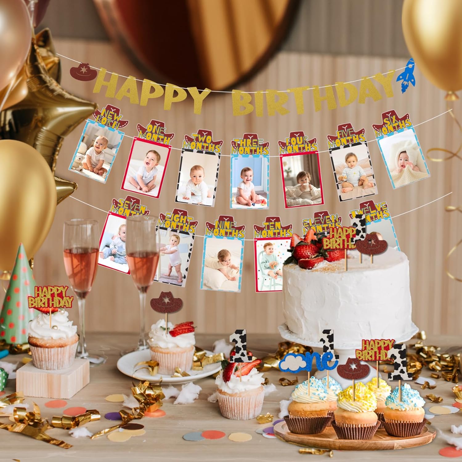 RANERVZ Western Cowboy Birthday Decorations with 24pcs Cake Toppers