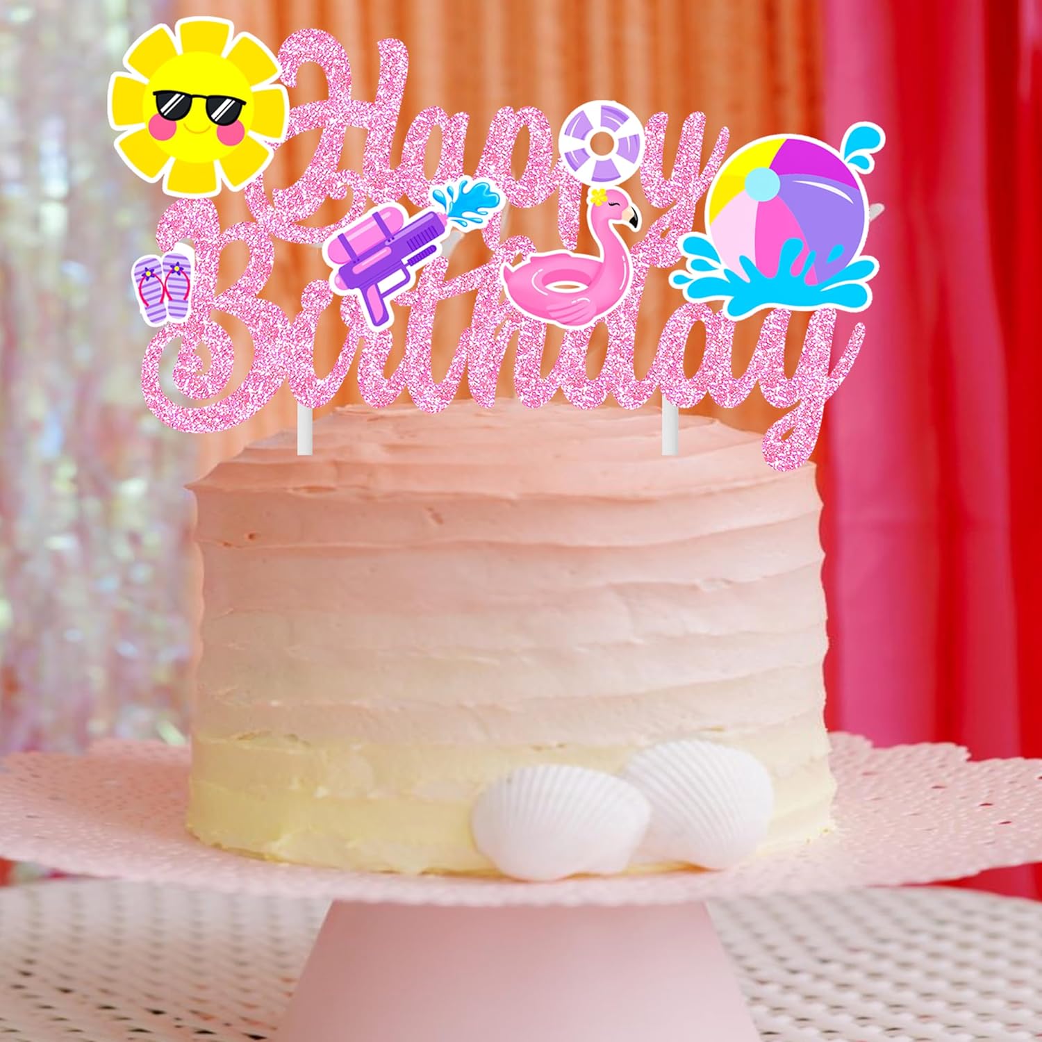 Pool Party Birthday Cake Topper with Pink Glitter