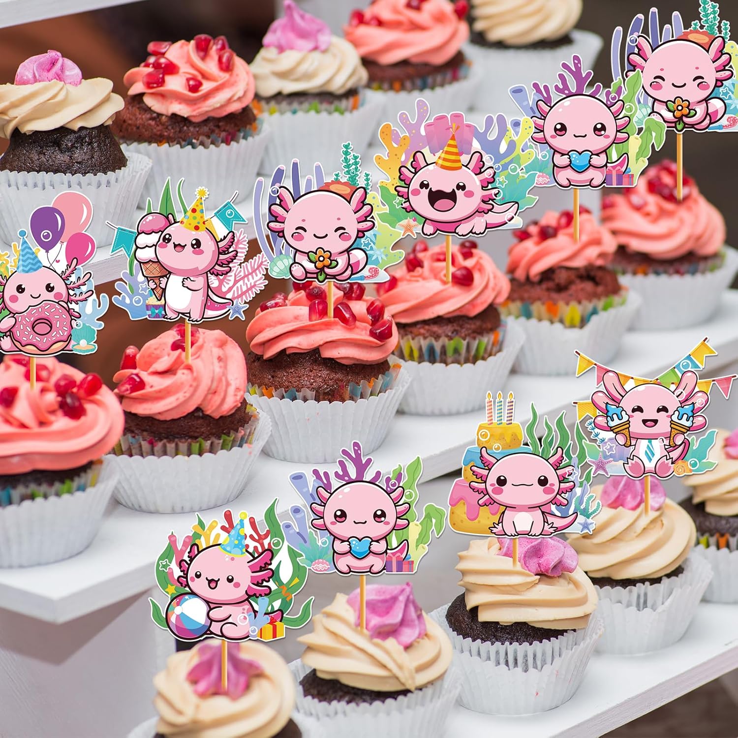 Hokinaa Axolotl Cupcake Toppers 24 Pcs Pink Birthday Decorations