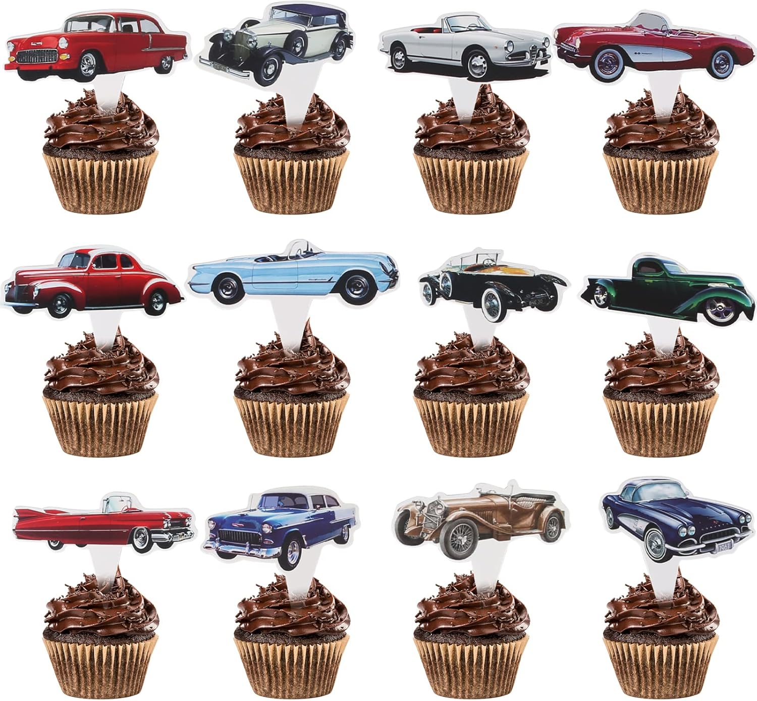 24 Pcs Classic Car Cupcake Toppers - Retro Birthday Party Decor