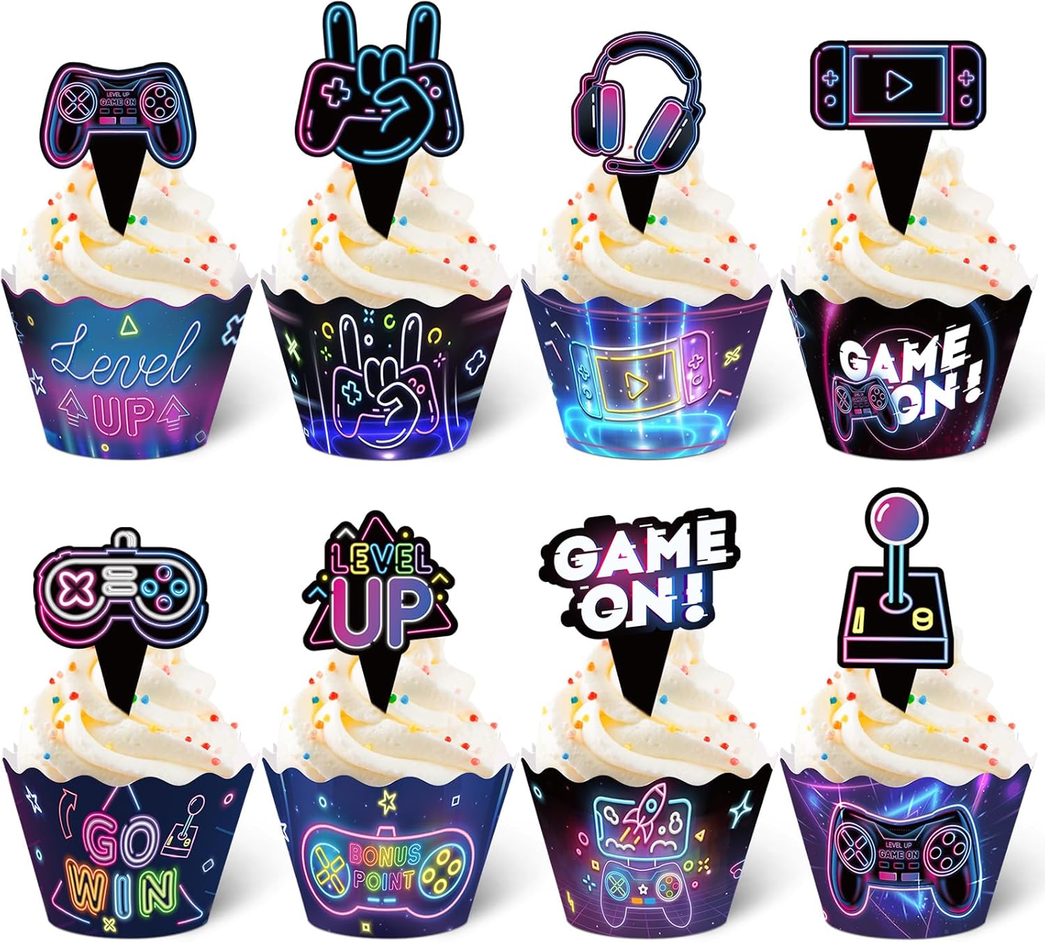 Nuenen Neon Gaming Cupcake Toppers 96 Pcs
