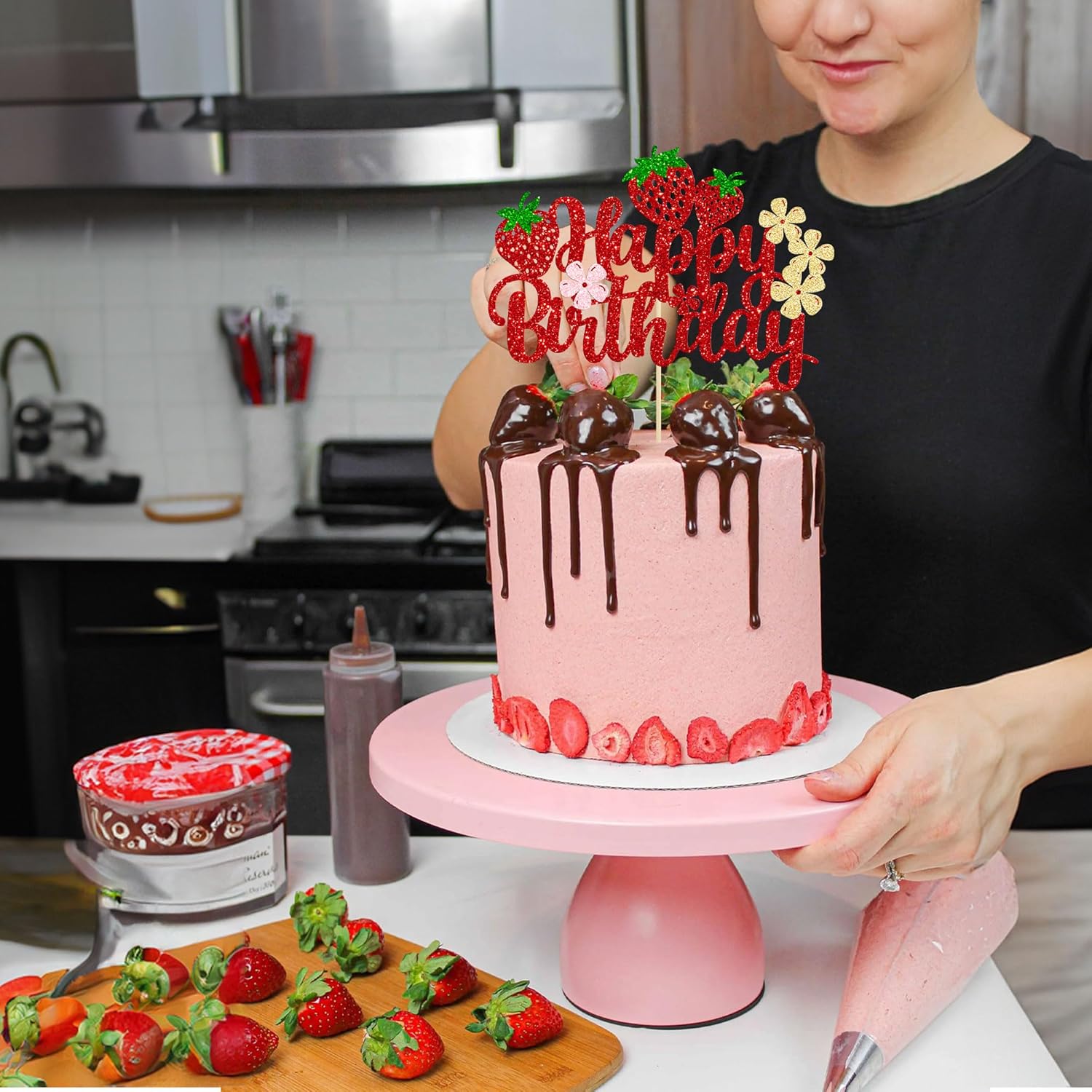 Ephlyn Strawberry Cake Topper Red Glitter Decor