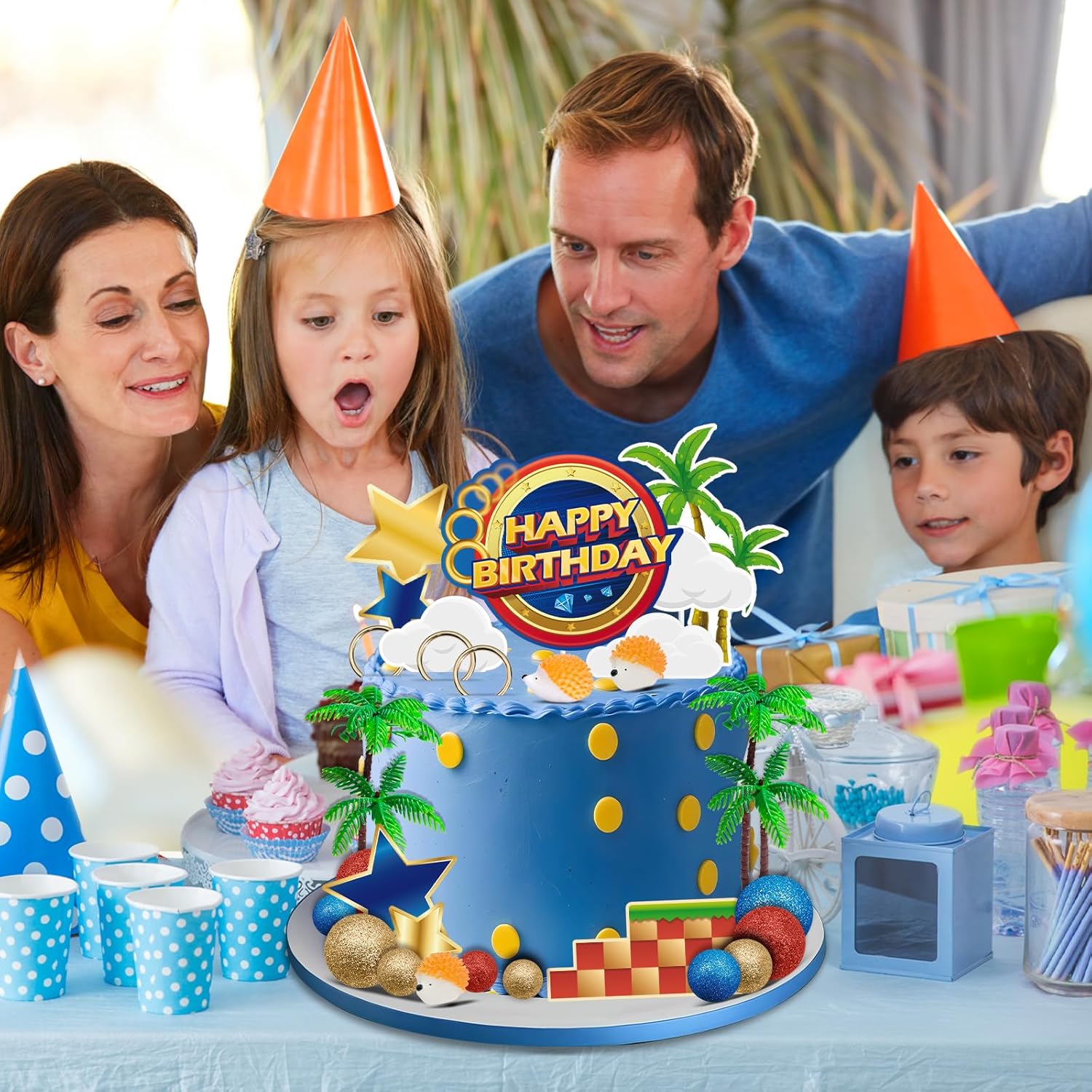 GZDUCK 30Pcs Blue Hedgehog Cake Toppers for Kids Birthday Party