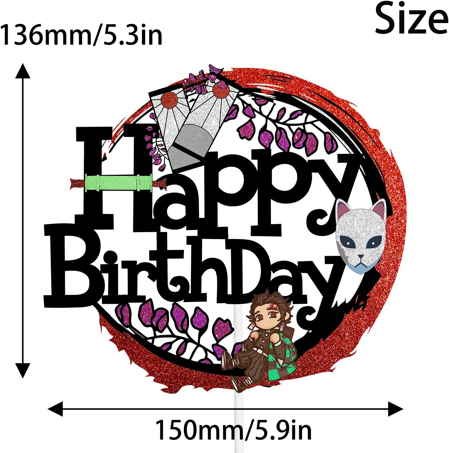 Happy Birthday Anime Cake Topper with Black Glitter