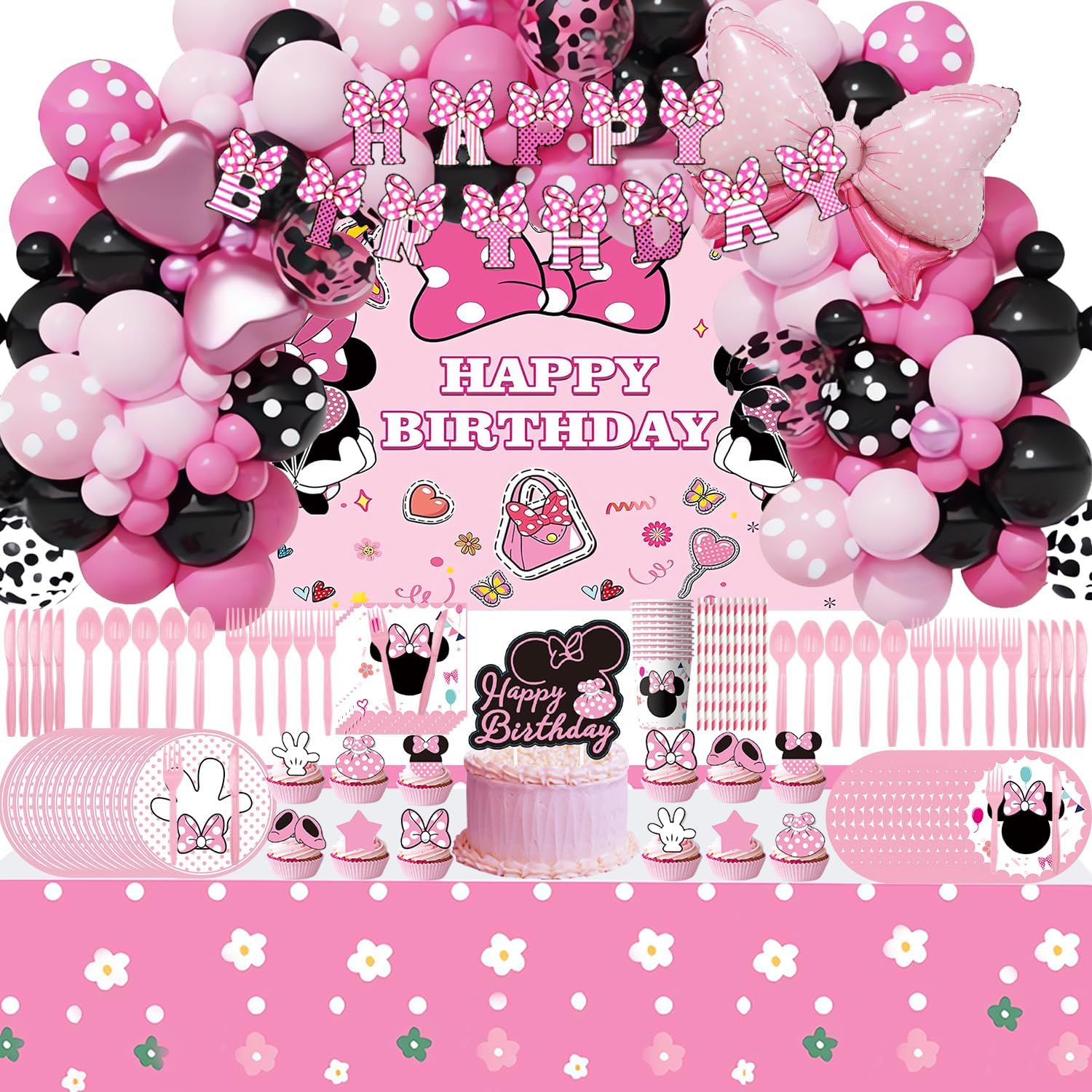 288 PCS Pink Mouse Party Decorations for 20 Guests