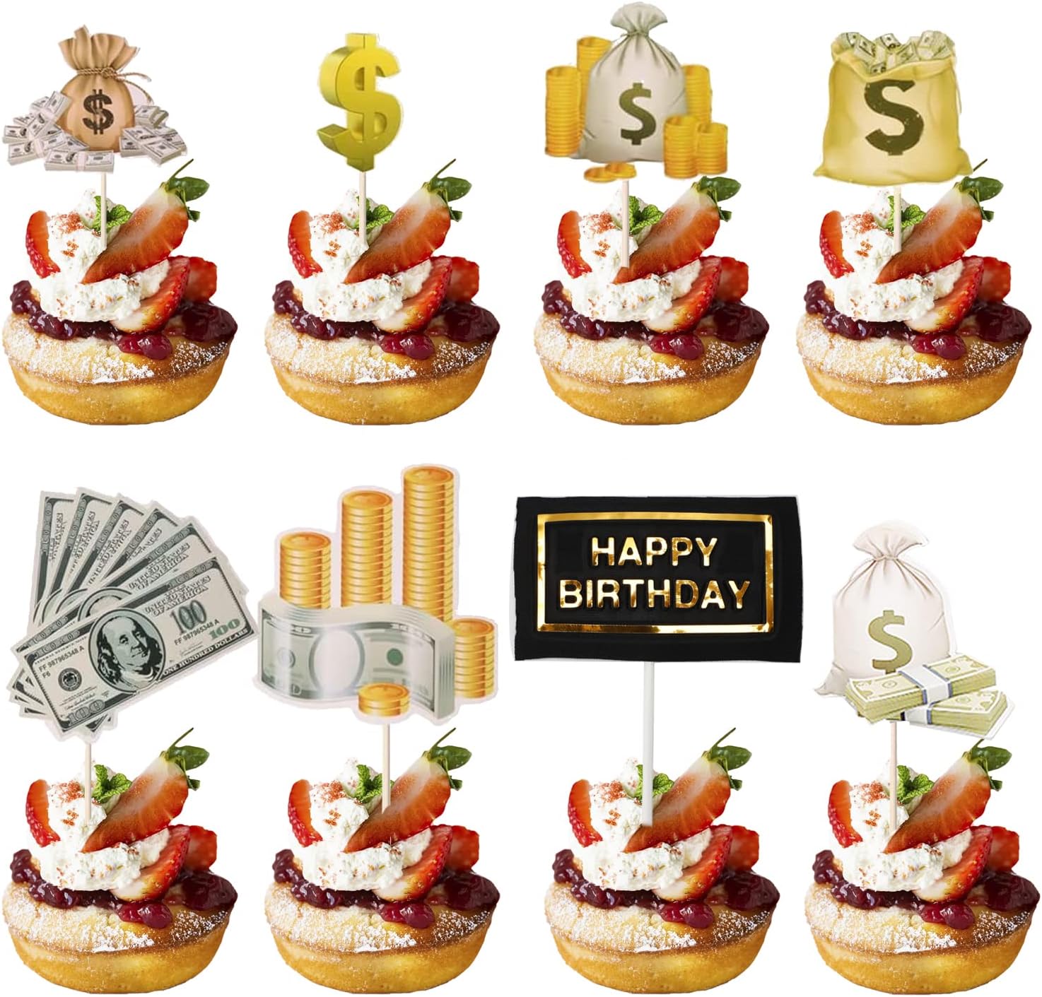10Pcs Dollar Bill Sign Cupcake Toppers Birthday Decor