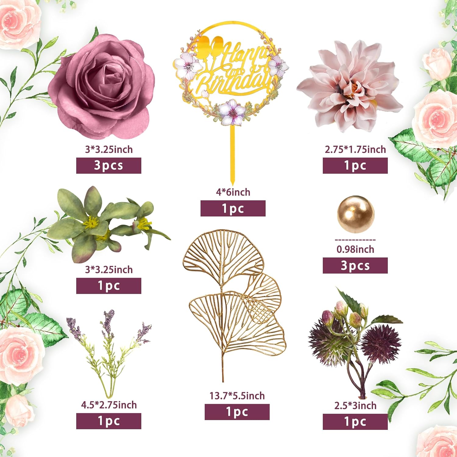 DRWATE Flower Cake Toppers Purple Rose and Ginkgo Leaf Set