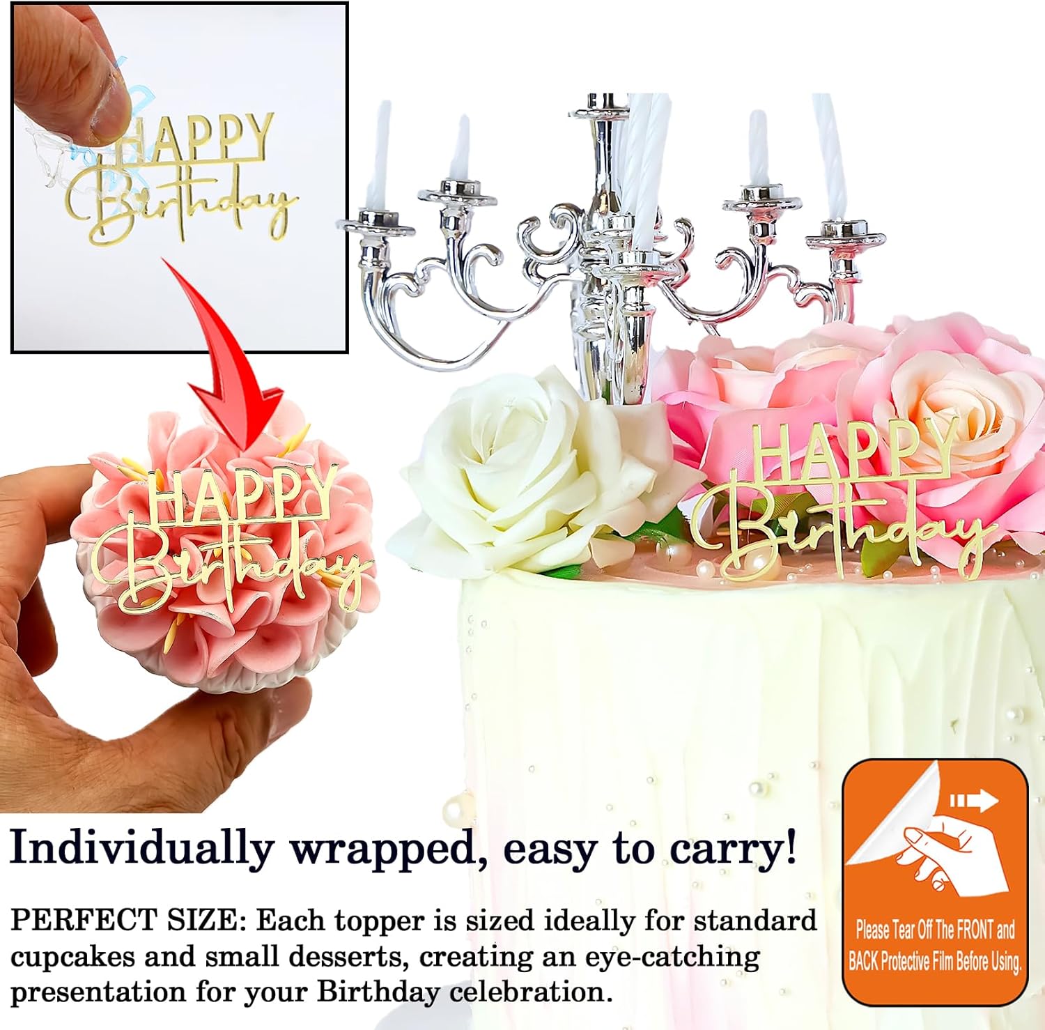 AiQi Bakes Happy Birthday Cake Toppers Gold Mirror Acrylic 12 Pack