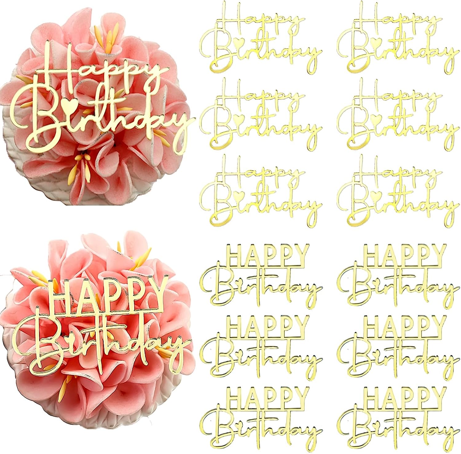 AiQi Bakes Happy Birthday Cake Toppers Gold Mirror Acrylic 12 Pack
