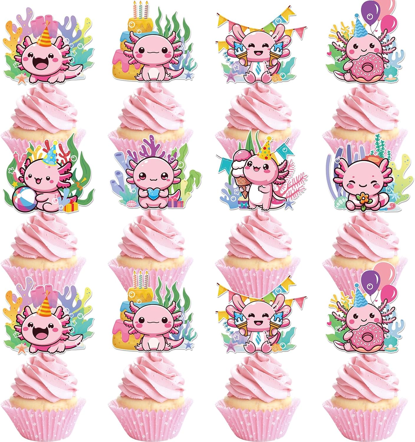 Hokinaa Axolotl Cupcake Toppers 24 Pcs Pink Birthday Decorations