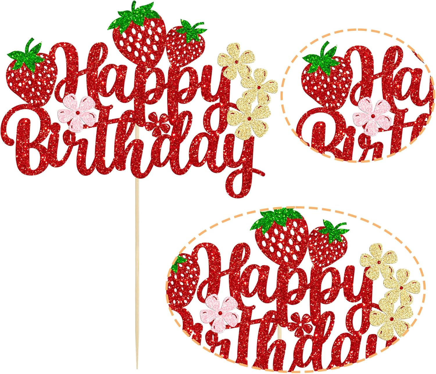 Ephlyn Strawberry Cake Topper Red Glitter Decor
