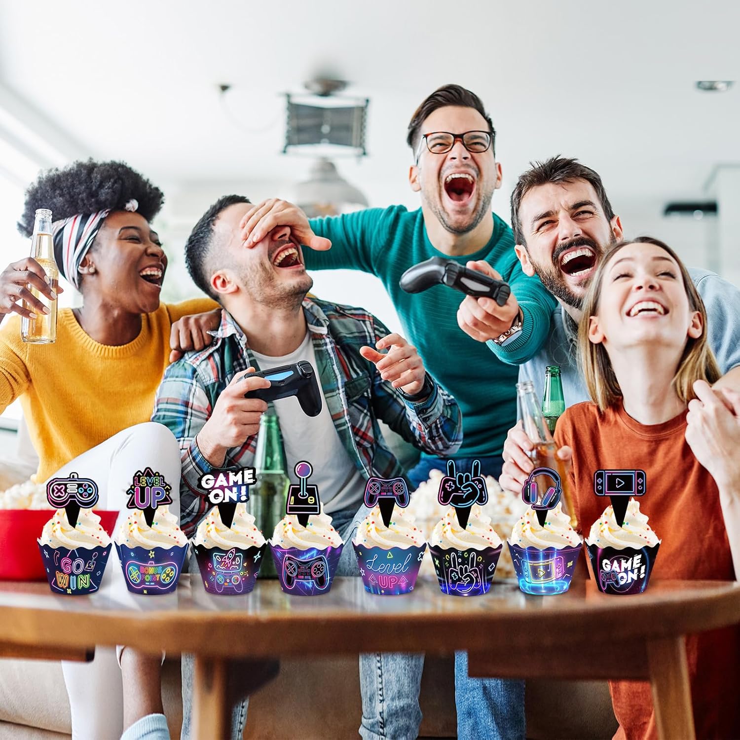 Nuenen Neon Gaming Cupcake Toppers 96 Pcs