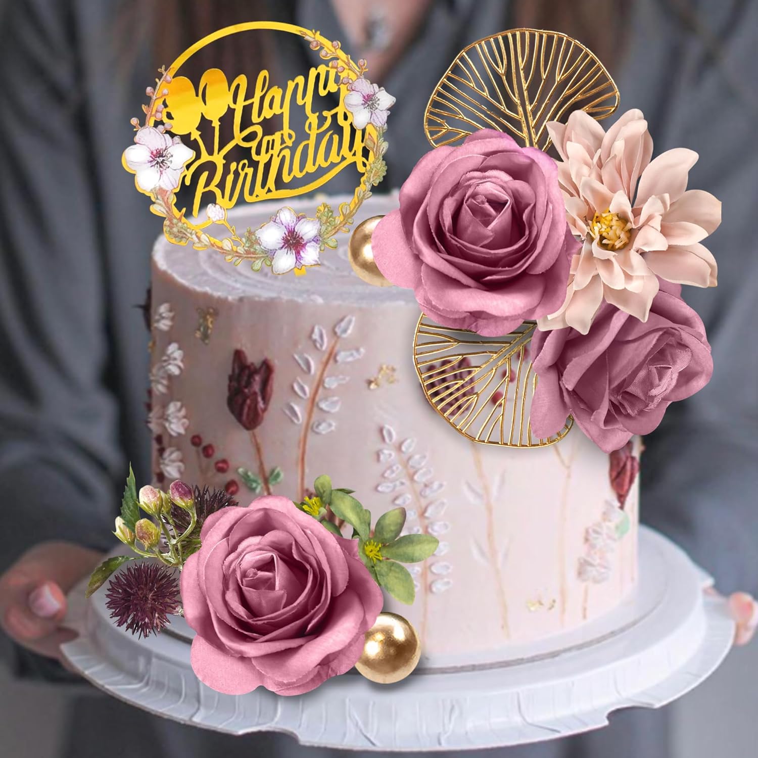 DRWATE Flower Cake Toppers Purple Rose and Ginkgo Leaf Set
