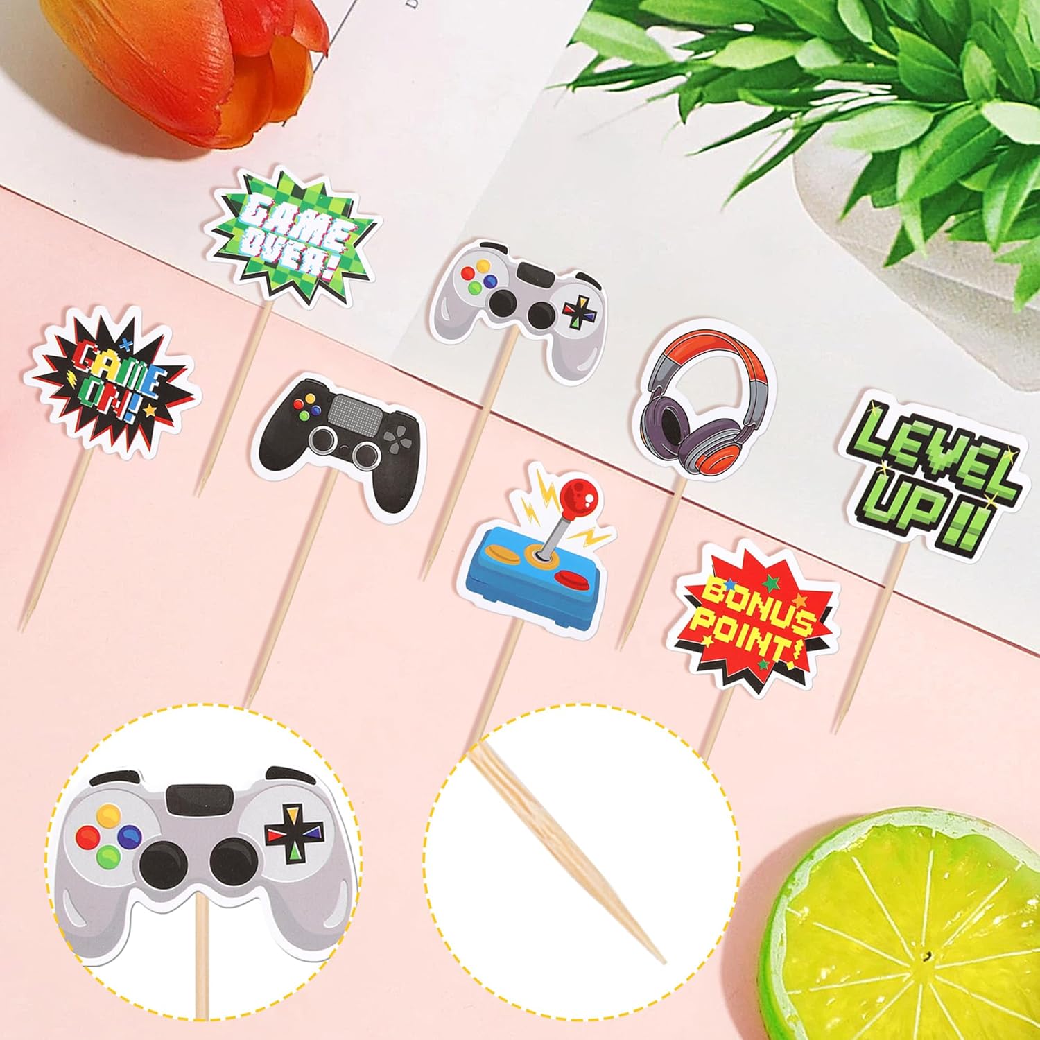 ZHUOWEISM 40 PCS Double Sided Game Controller Cupcake Toppers