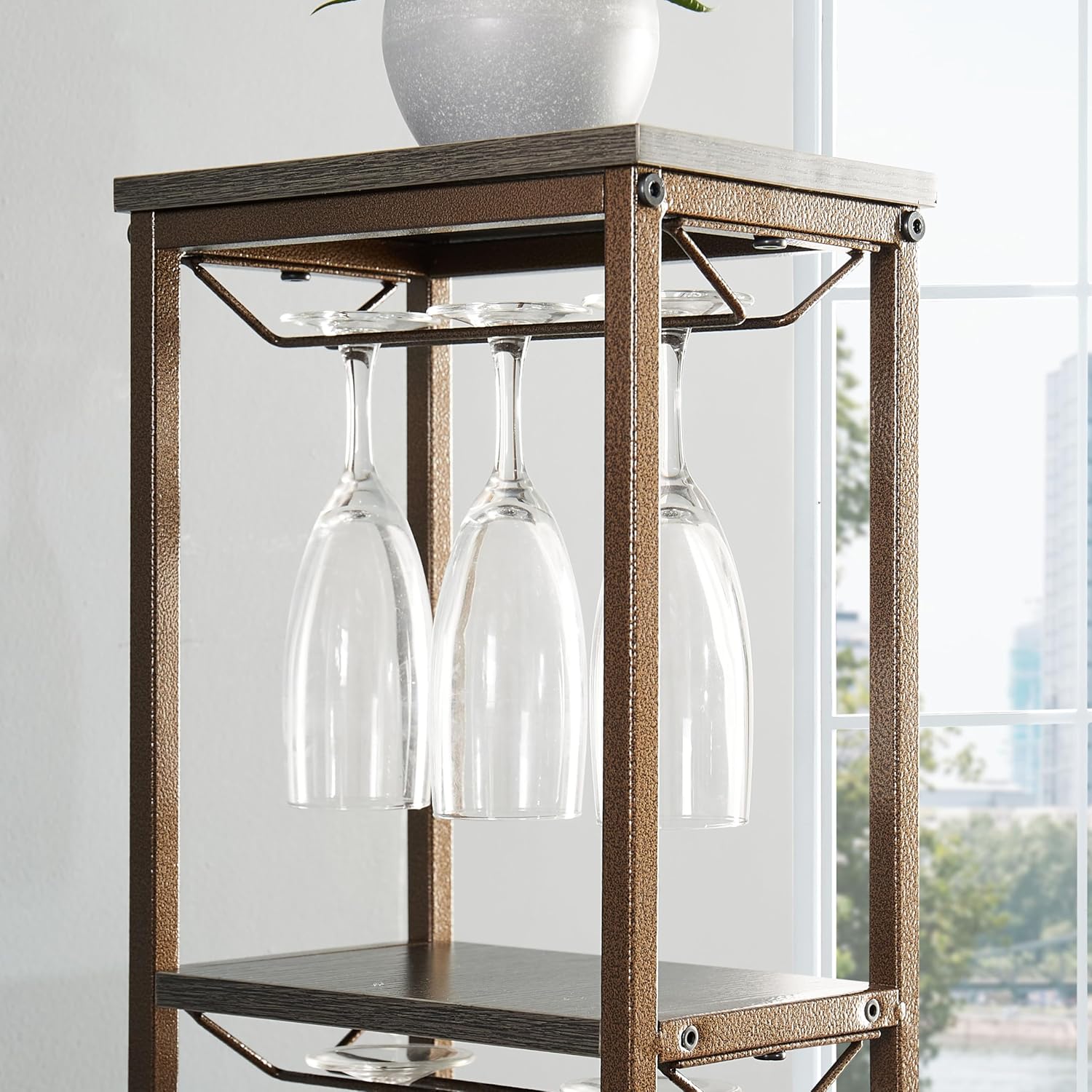 RuiSiSi 5 Tier Freestanding Wine Rack with Glass Holder 11 Bottle Capacity Grey