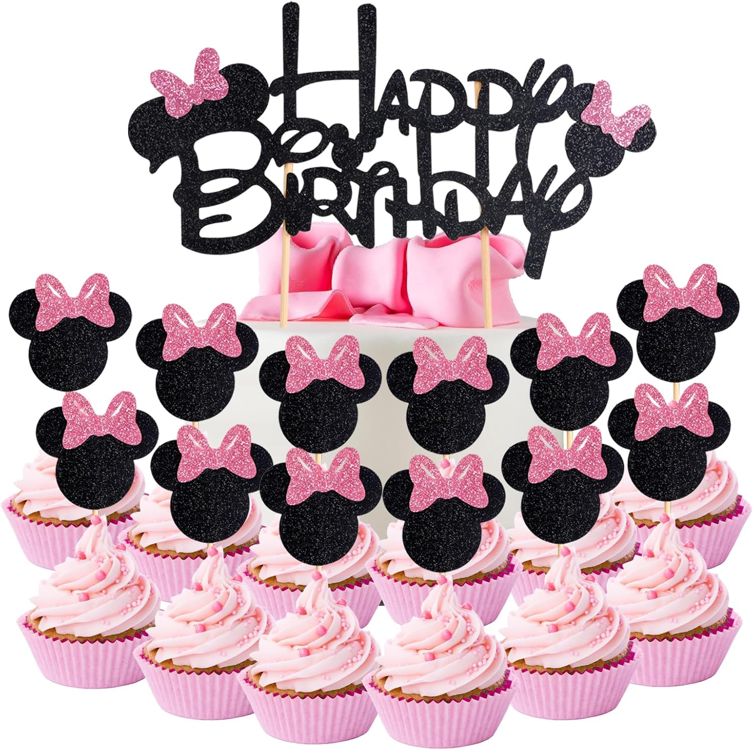 25Pcs Glitter Mouse Cupcake Toppers with Bow