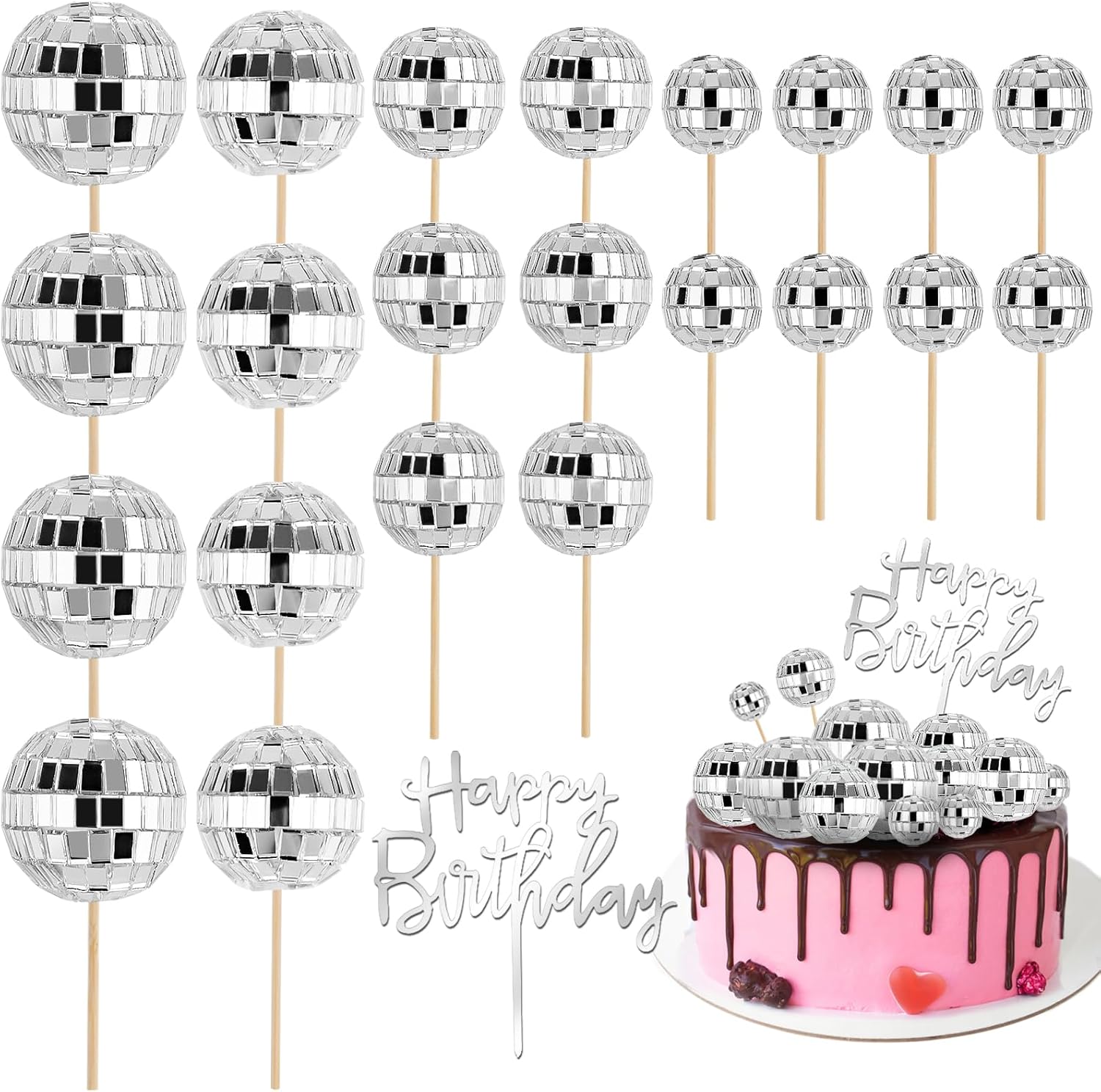 23 Pcs Disco Ball Cake Toppers 1970s Theme Party Decorations