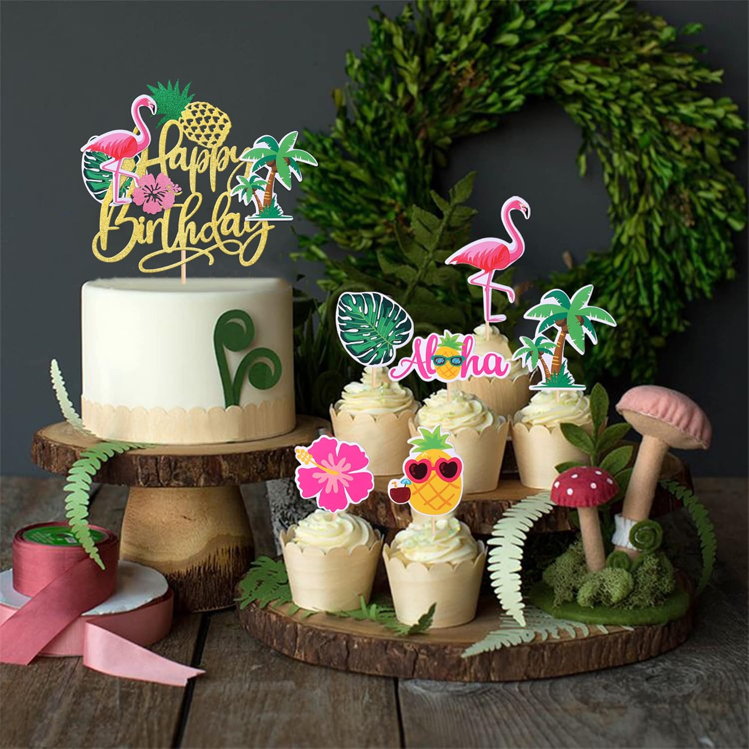 25 PCS Tropical Luau Cupcake Toppers Decorations