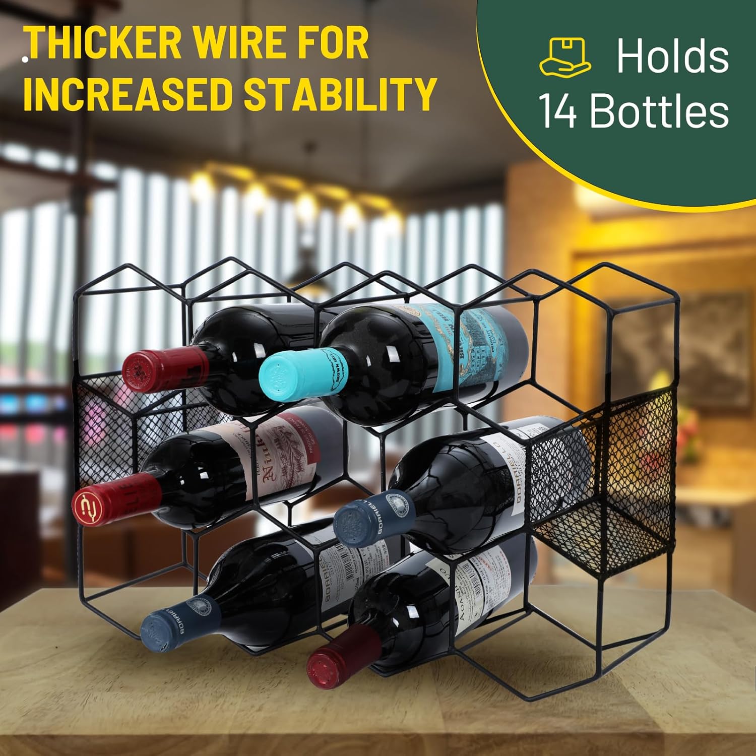 KFN 14 Bottle Tabletop Wine Rack Modern Black Metal 3 Tier