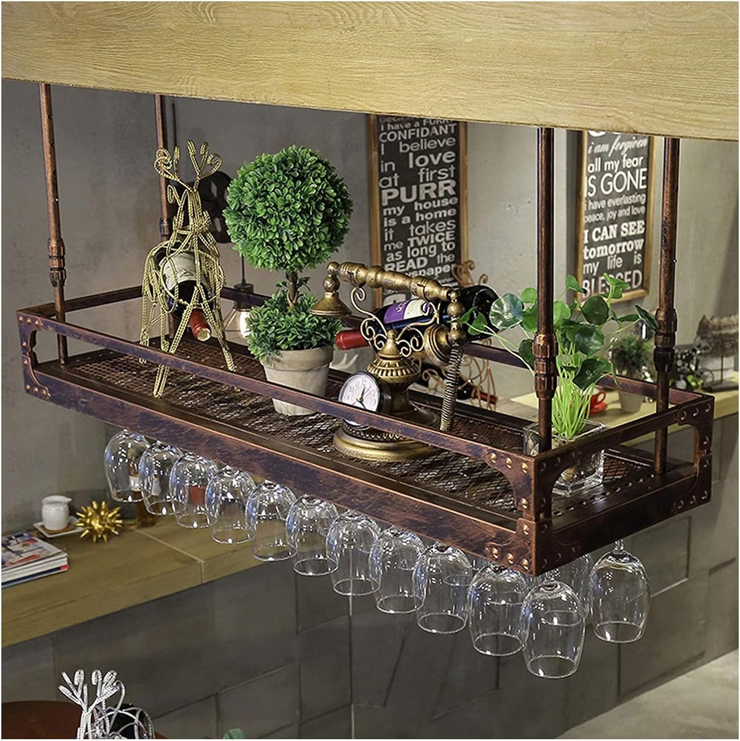 ALDEPO Wine Rack Ceiling Holder Rustic Style Stainless Steel 60cm Storage Shelf