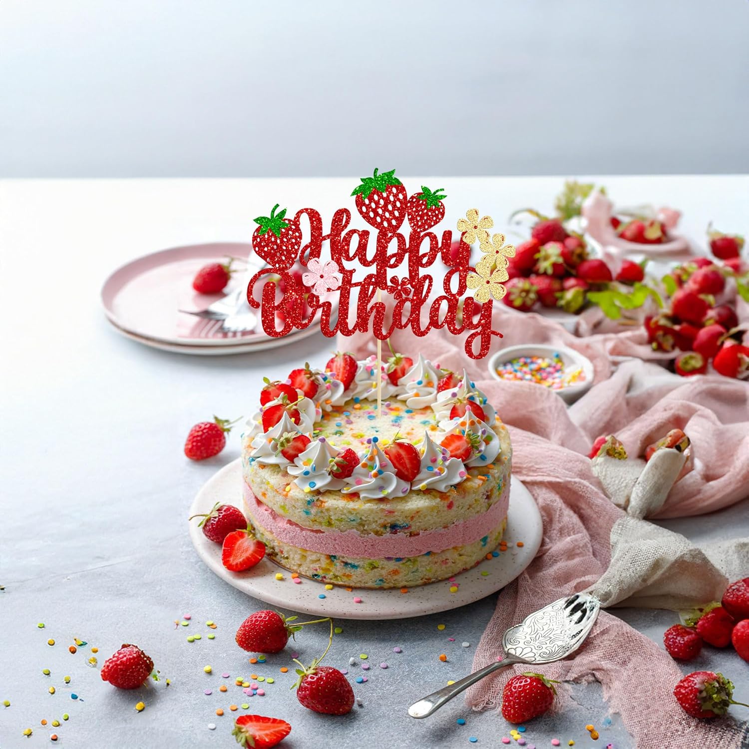 Ephlyn Strawberry Cake Topper Red Glitter Decor