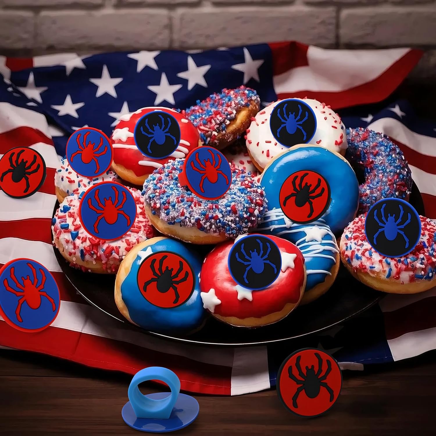 48 pcs Spider Cupcake Rings Set - Red Blue Black