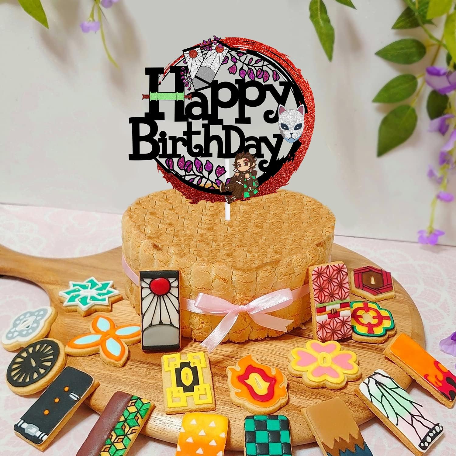 Happy Birthday Anime Cake Topper with Black Glitter