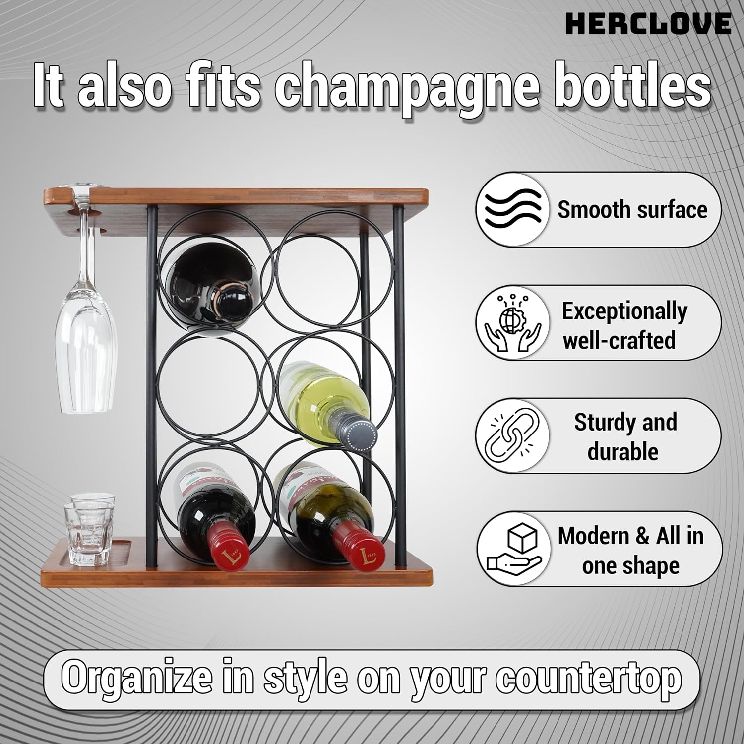 Herclove 6-Bottle Wine Rack with 2 Glasses Holder