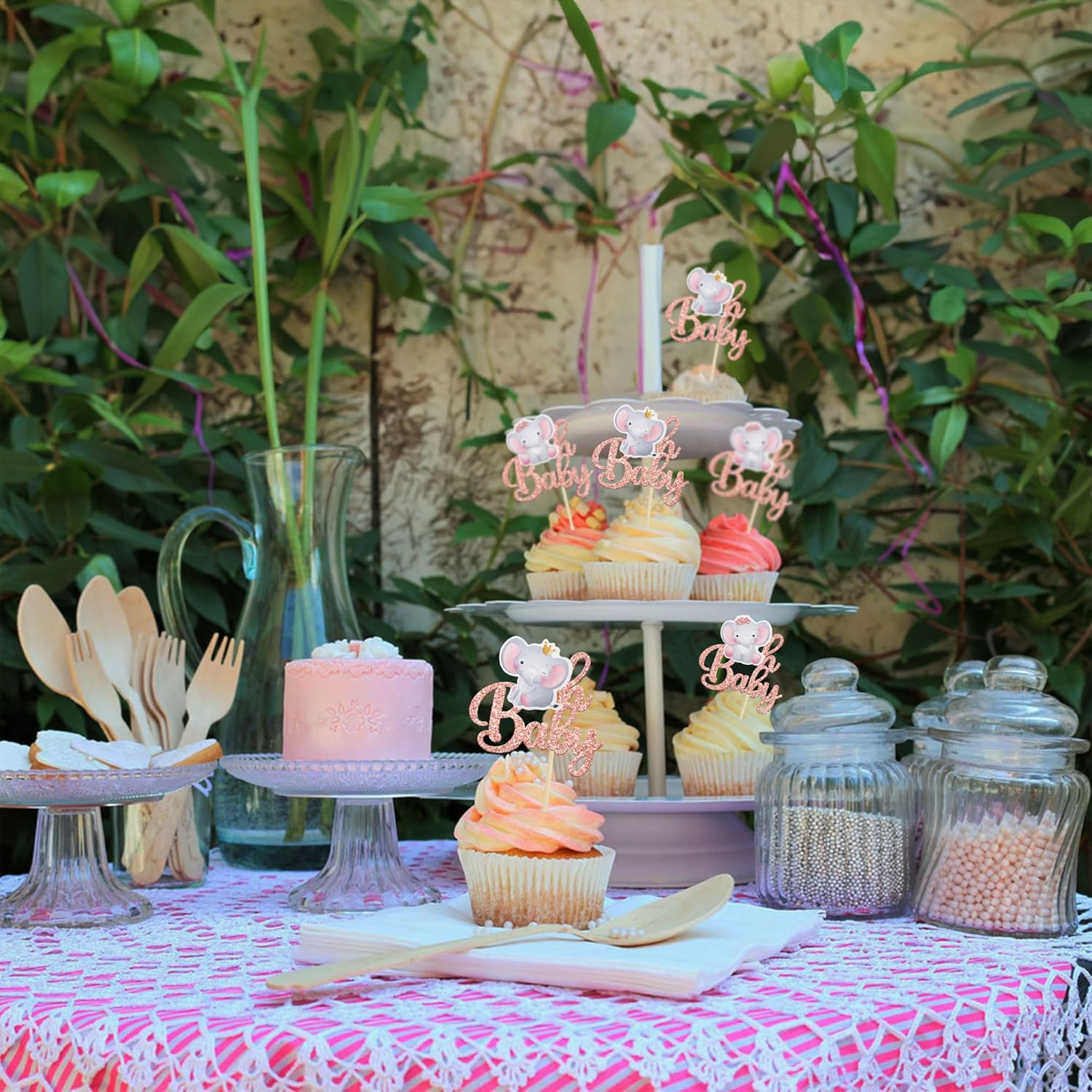 Gyufise 24Pcs Pink Elephant Cupcake Toppers