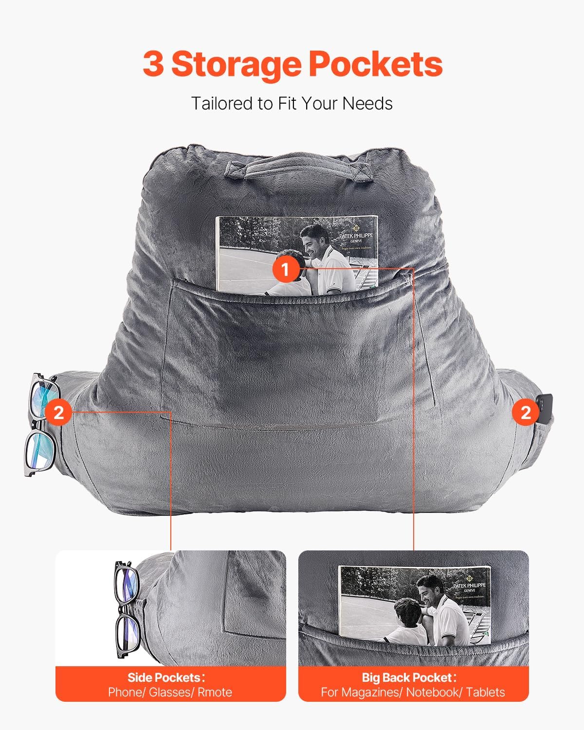 VEVOR Reading Pillow with 3 Pockets and Memory Foam