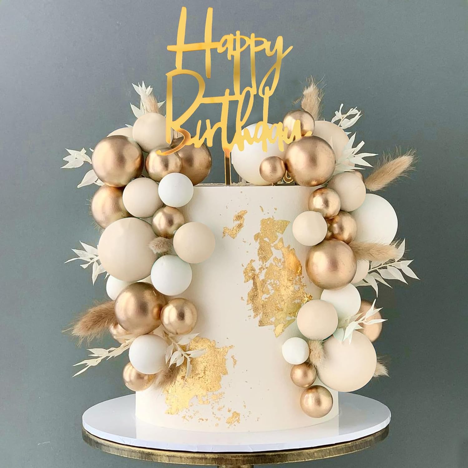DRWATE Boho Khaki White Gold Pearl Balls Cake Toppers