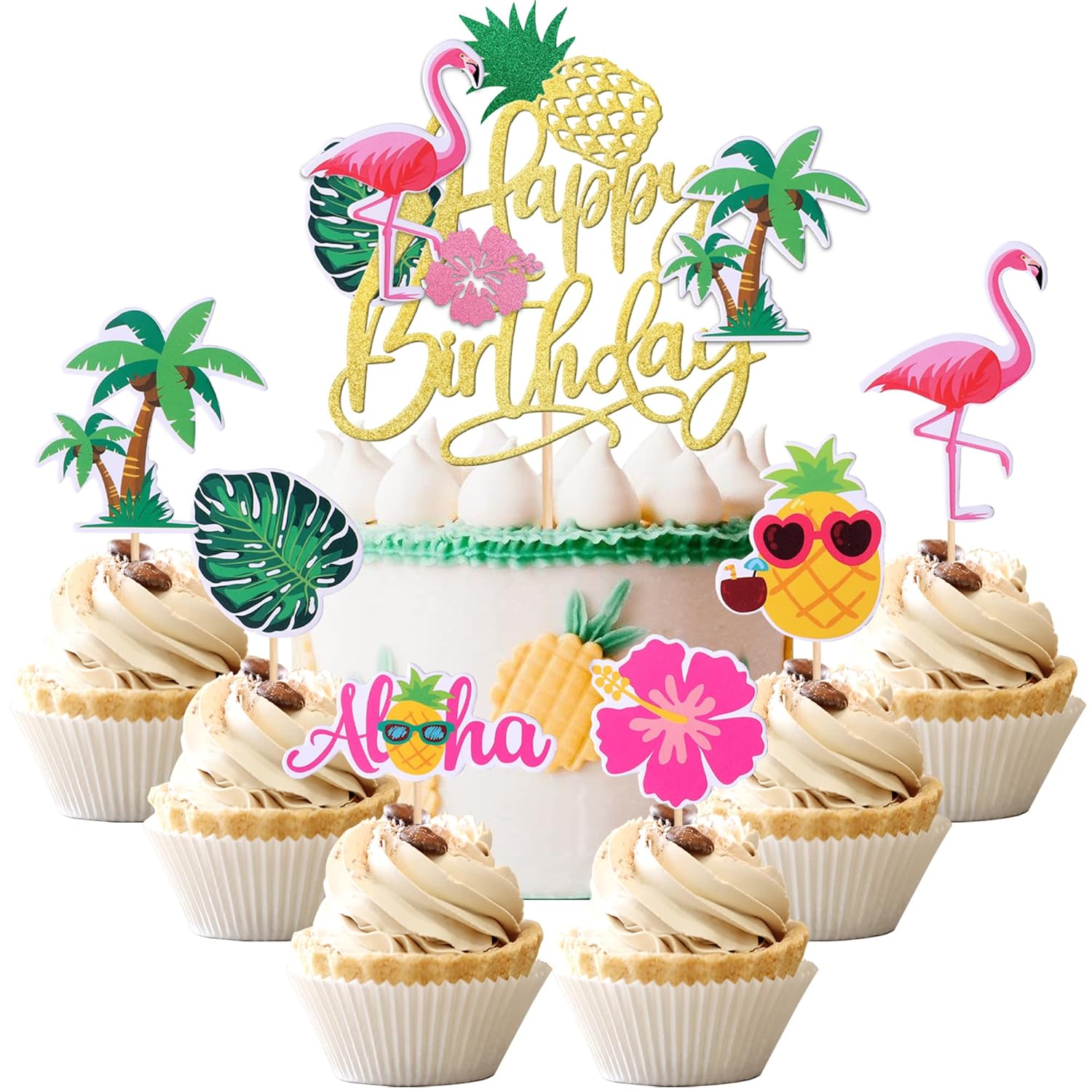 25 PCS Tropical Luau Cupcake Toppers Decorations