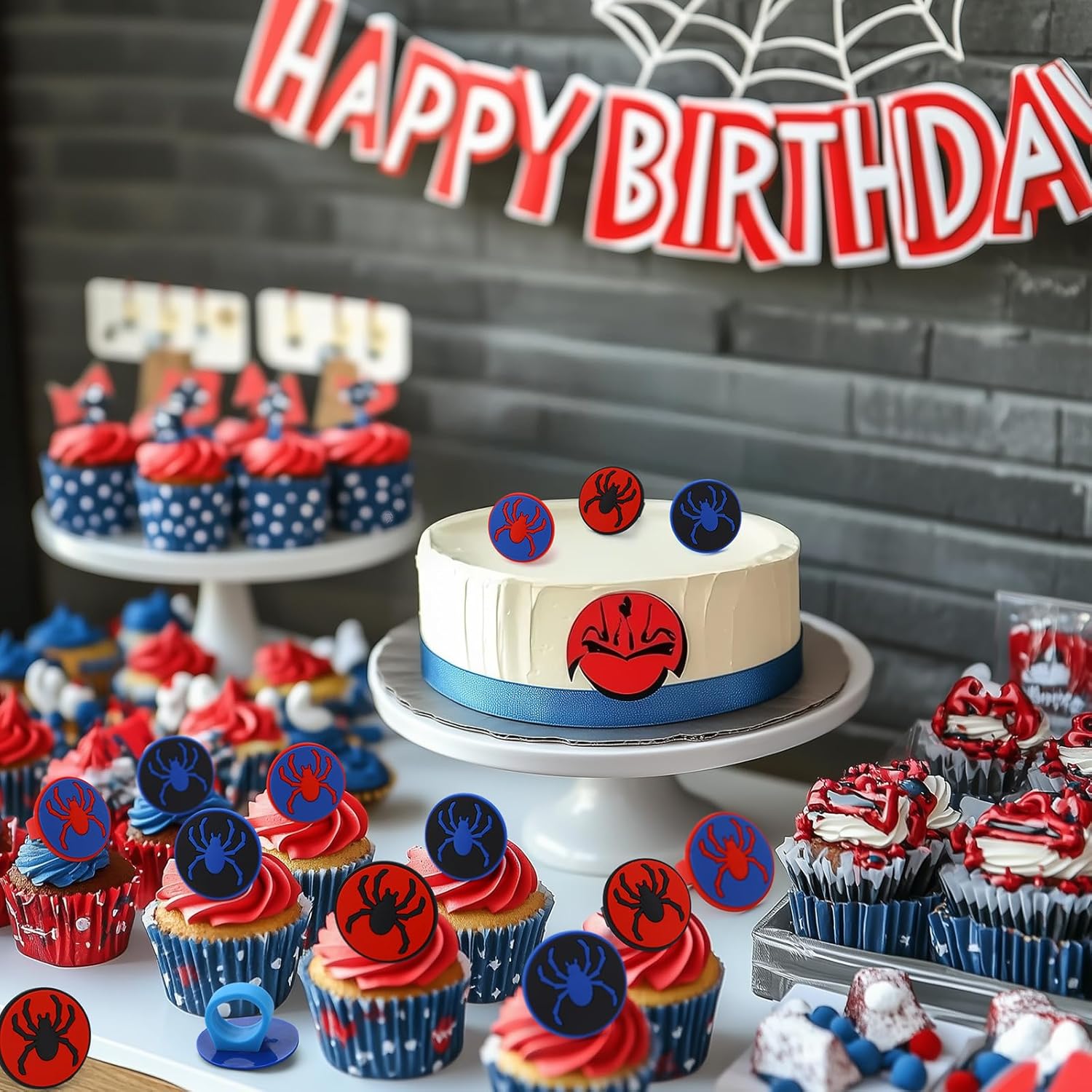 48 pcs Spider Cupcake Rings Set - Red Blue Black