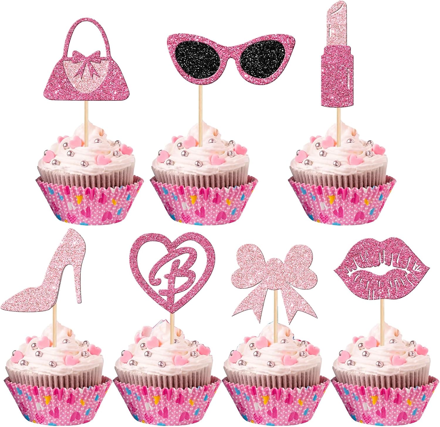 Biendo Glitter Pink Cupcake Toppers 32PCS Princess Theme Decorations