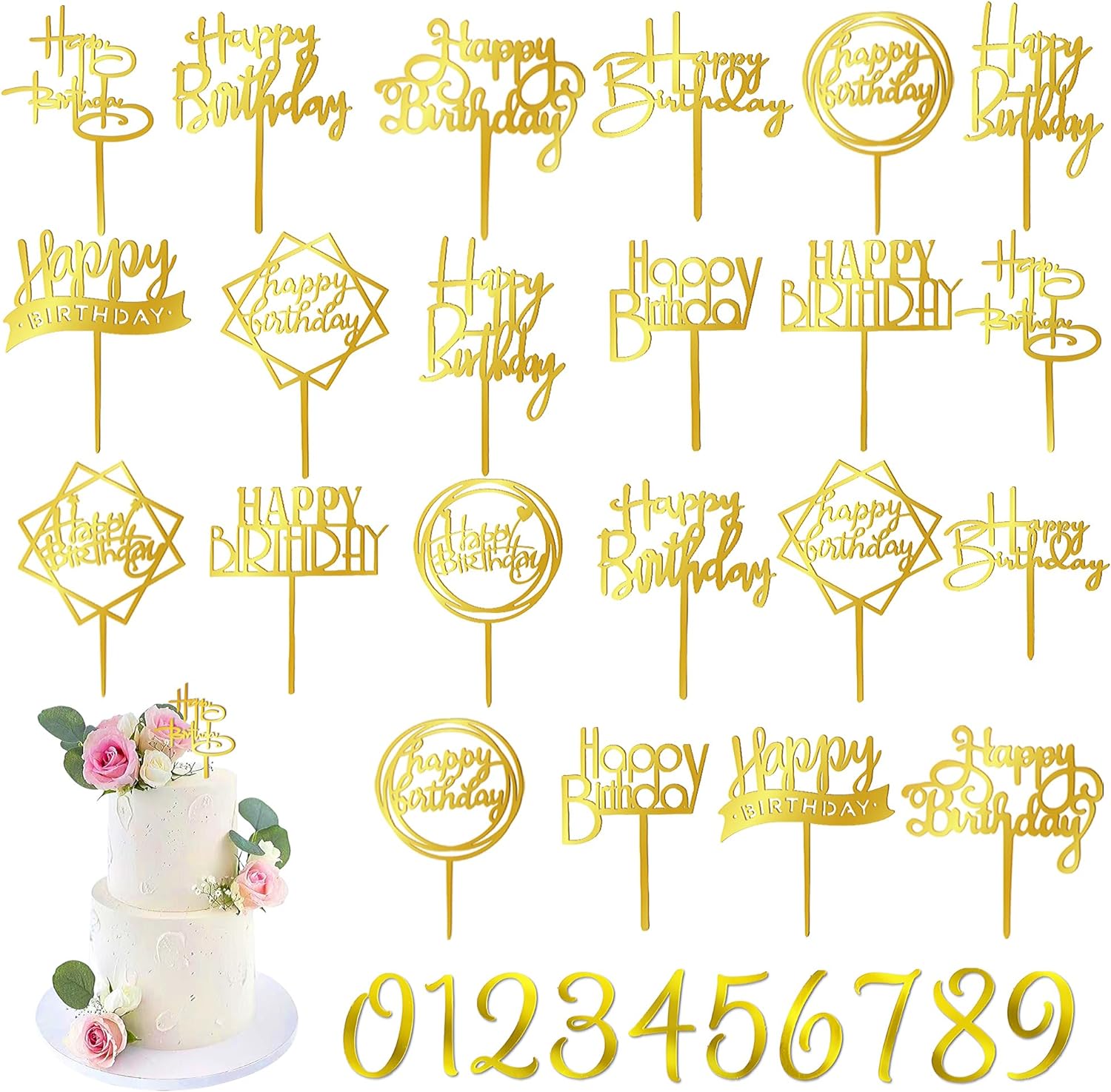 DRWATE 50 PCS Gold Birthday Cupcake Toppers for Decorations