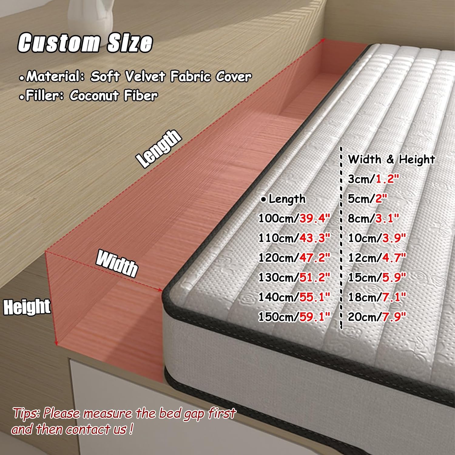 NEVKA Coconut Fiber Bed Gap Filler with Velvet Cover