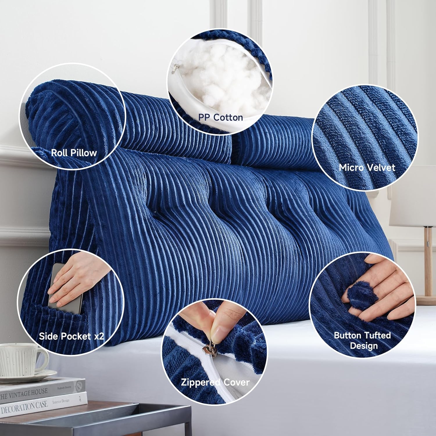Z-hom Queen Headboard Pillow with 2 Roll Pillows - Blue