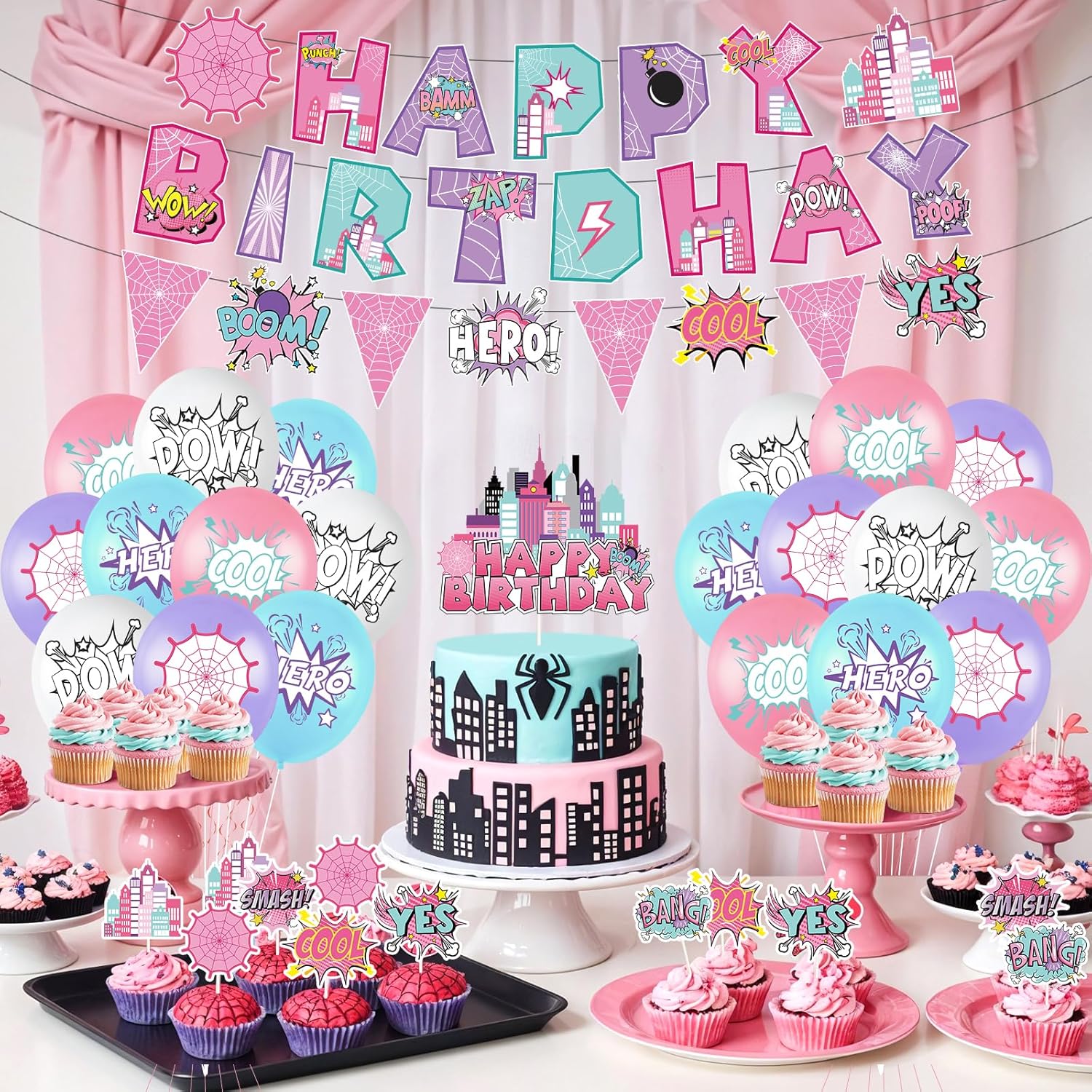 Spider Birthday Banner with Pennant Flags and Balloons