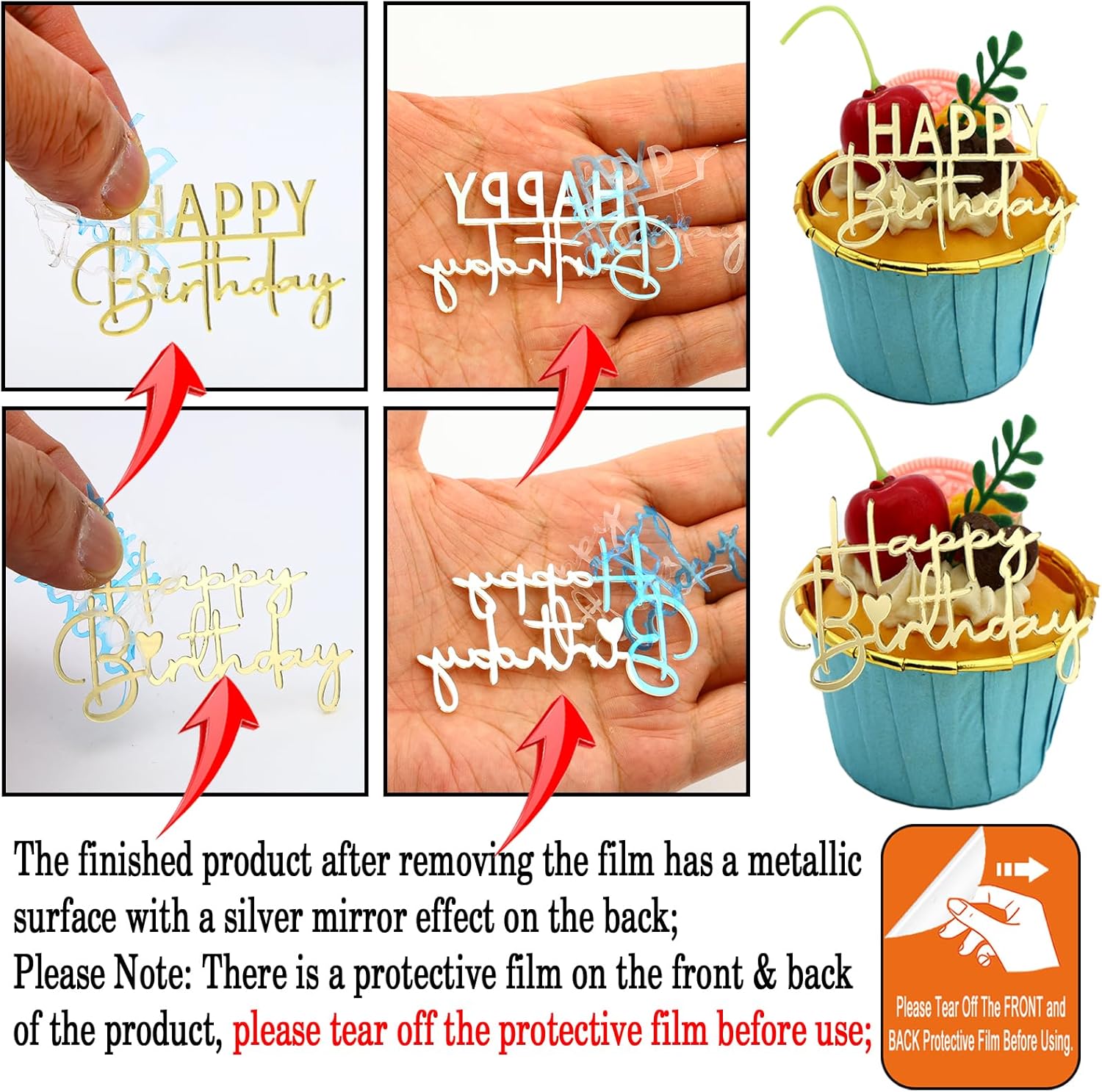 AiQi Bakes Happy Birthday Cake Toppers Gold Mirror Acrylic 12 Pack
