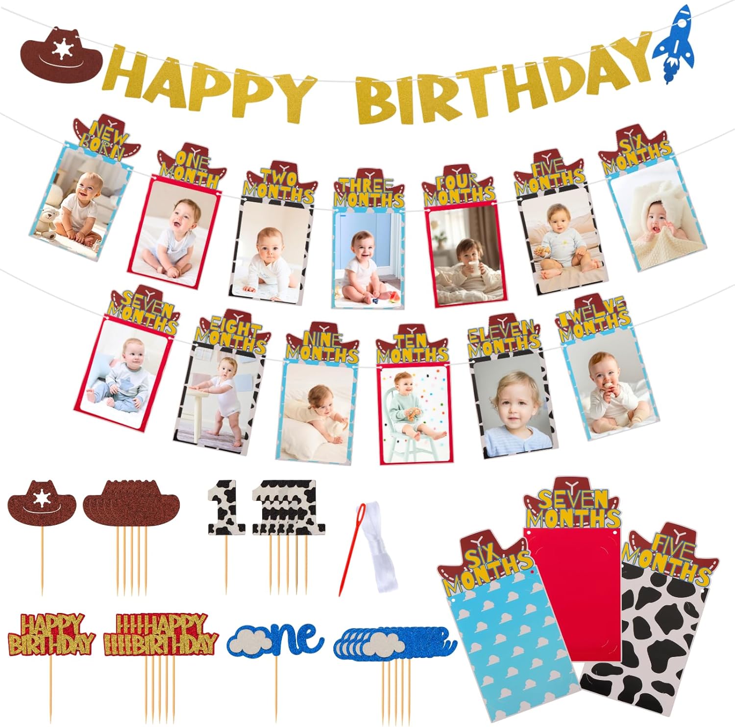 RANERVZ Western Cowboy Birthday Decorations with 24pcs Cake Toppers