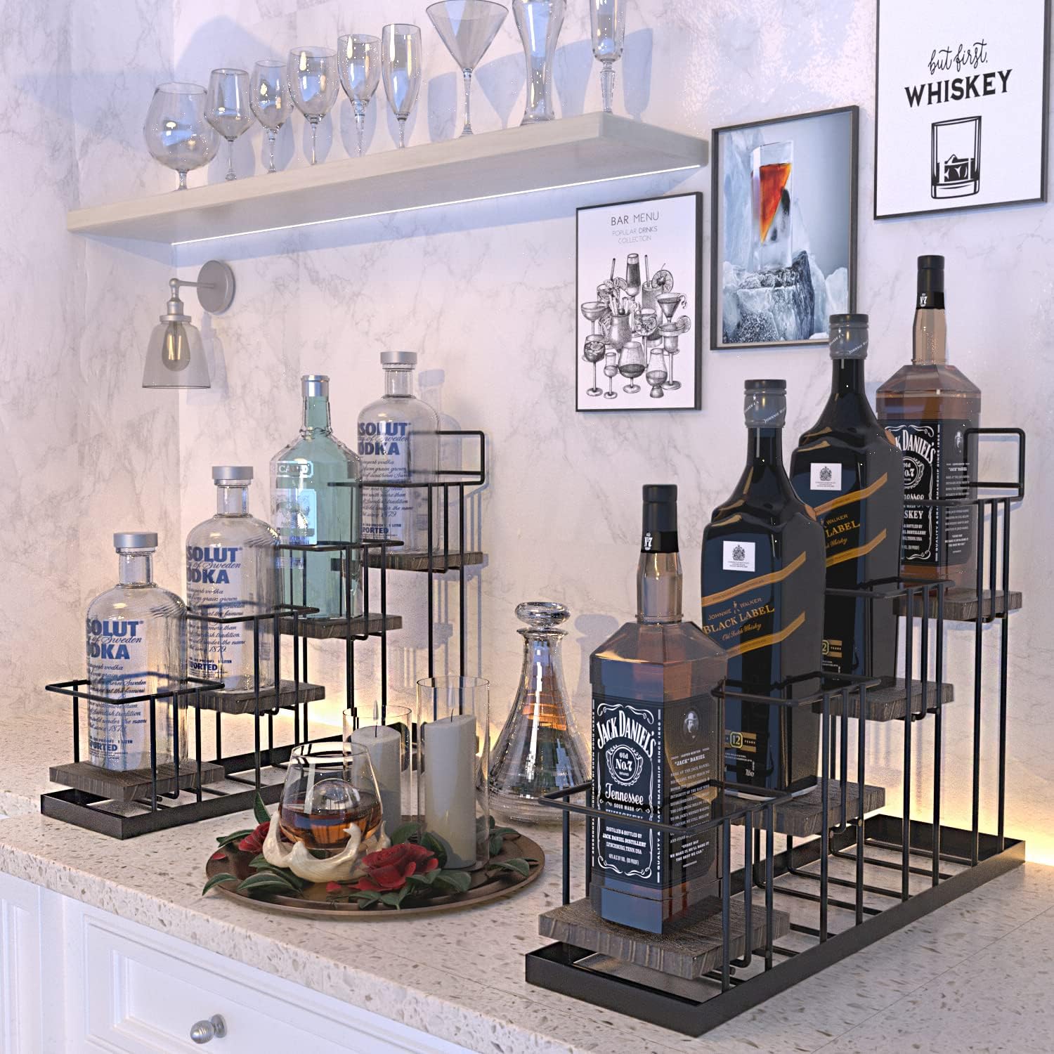 4-Tier Coffee Syrup Organizer Rack with Rustic Wood and Metal Frame